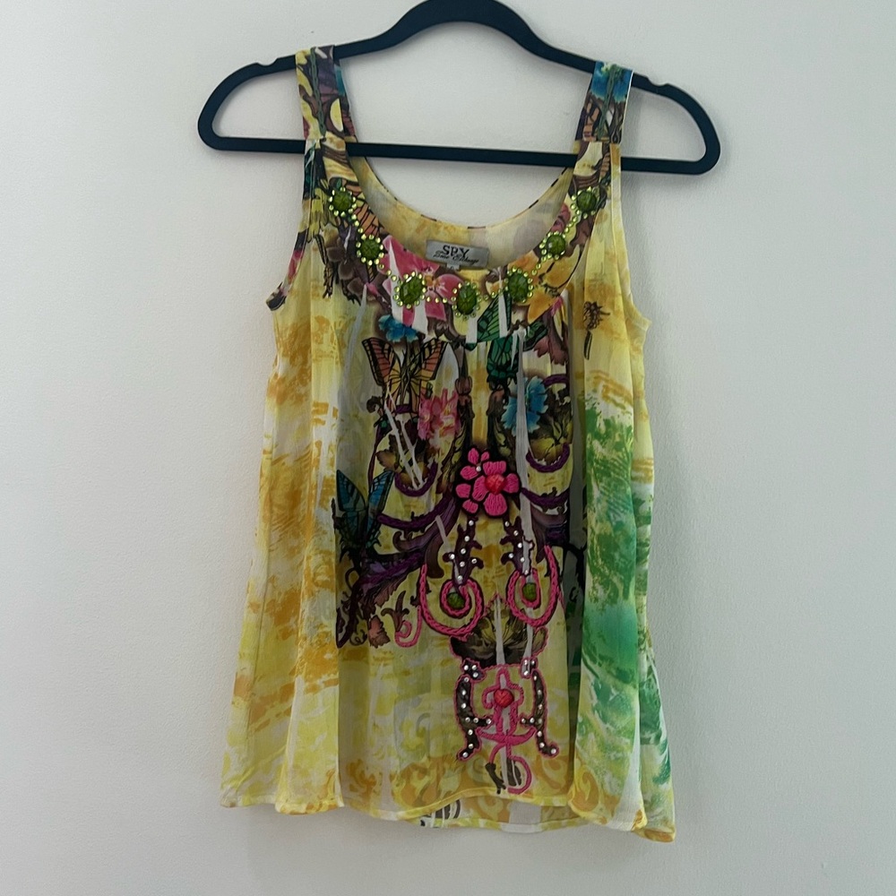 Spy woman’s print embroidered floral beads flowy blouse top